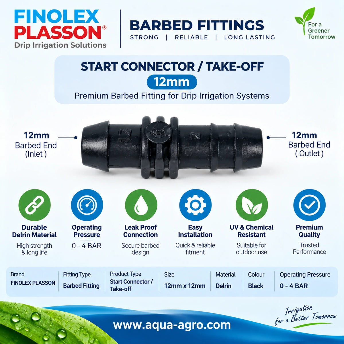 FINOLEX PLASSON premium 12mm black Delrin barbed start connector take off fitting for drip irrigation systems with secure pipe connection and 0 to 4 bar operating pressure