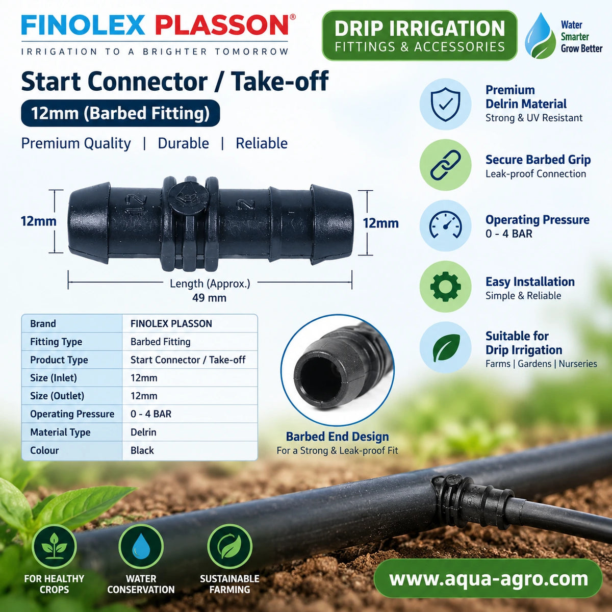 FINOLEX PLASSON 12mm black Delrin start connector take off with barbed inlet and outlet showing product dimensions and drip irrigation lateral pipe installation for agricultural farms gardens and nurseries