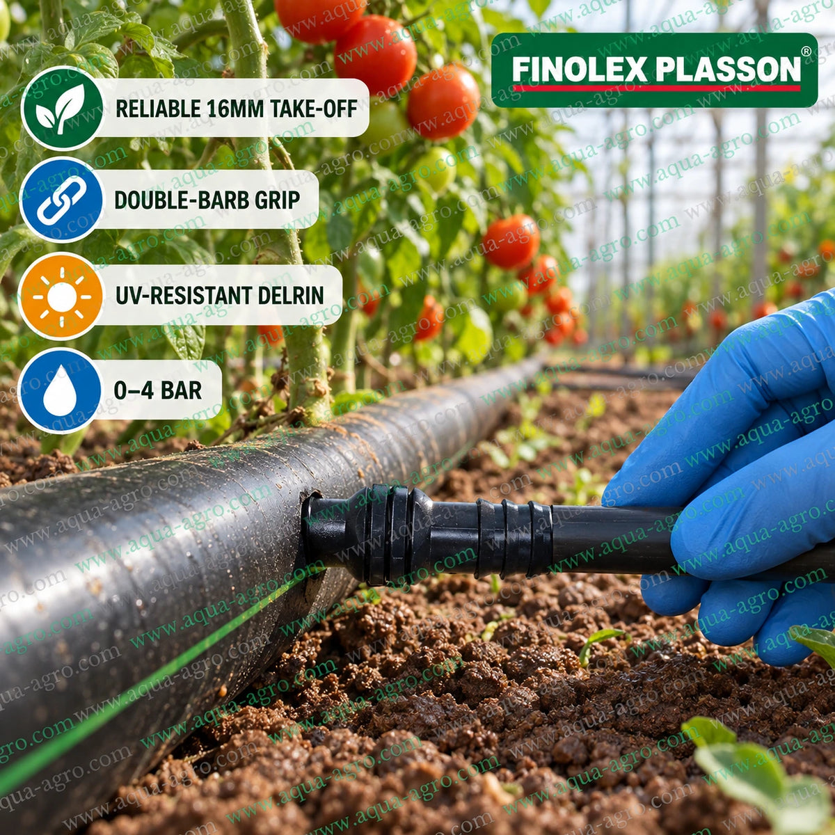 FINOLEX PLASSON premium 16mm Delrin take off connector installed in agricultural drip irrigation mainline for connecting lateral pipes in tomato farming and greenhouse irrigation systems