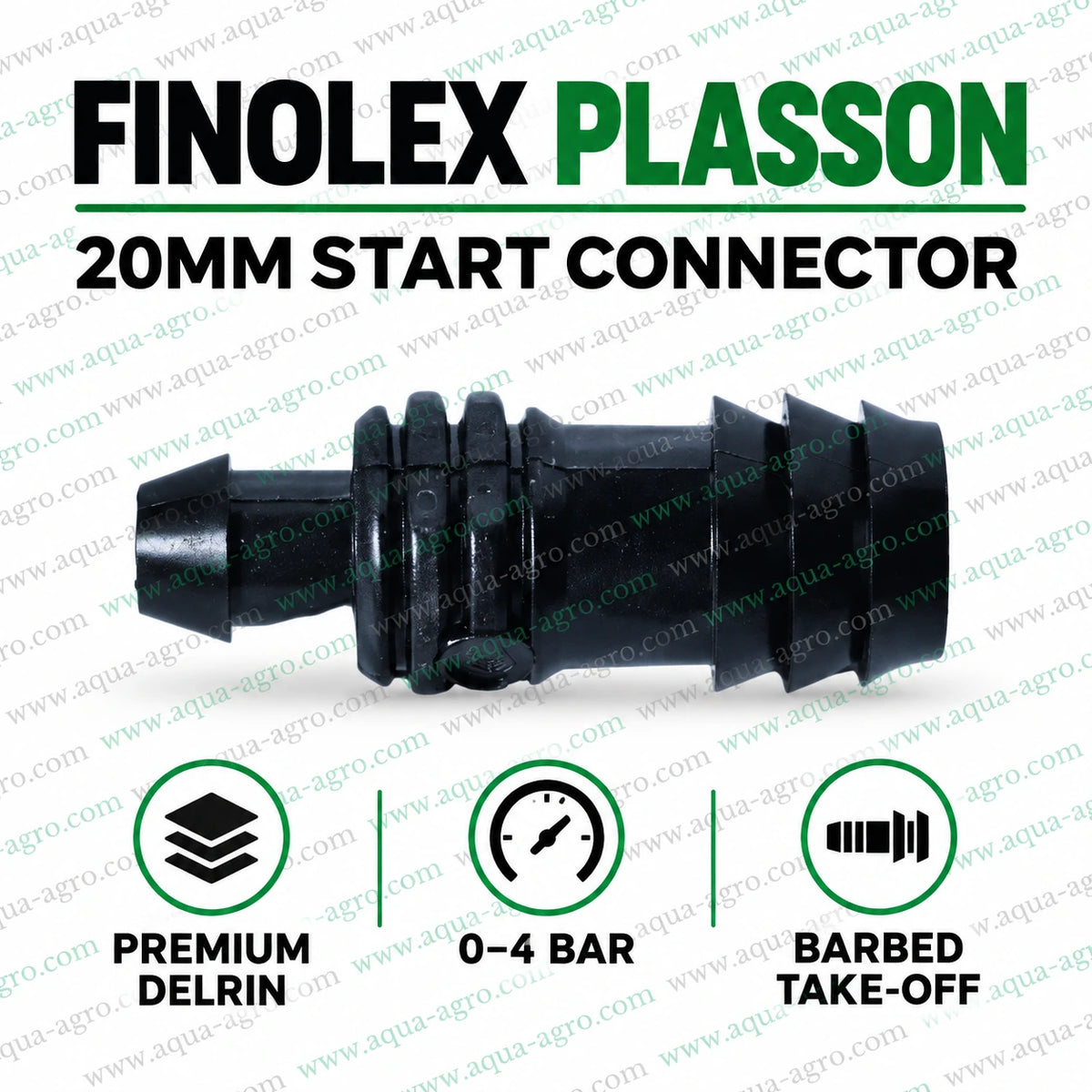 FINOLEX PLASSON premium 20mm barbed start connector take off fitting made from black Delrin material for drip irrigation systems with 0 to 4 bar operating pressure