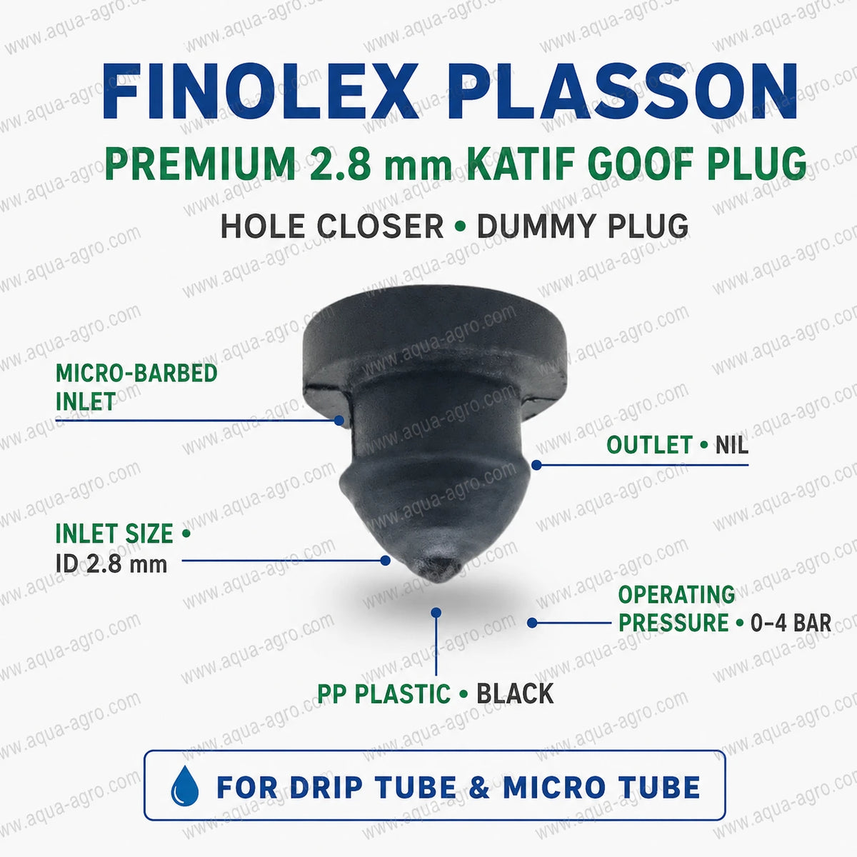 FINOLEX PLASSON premium 2.8mm Katif goof plug micro barbed hole closer PP plastic black dummy plug for drip irrigation and micro tube systems
