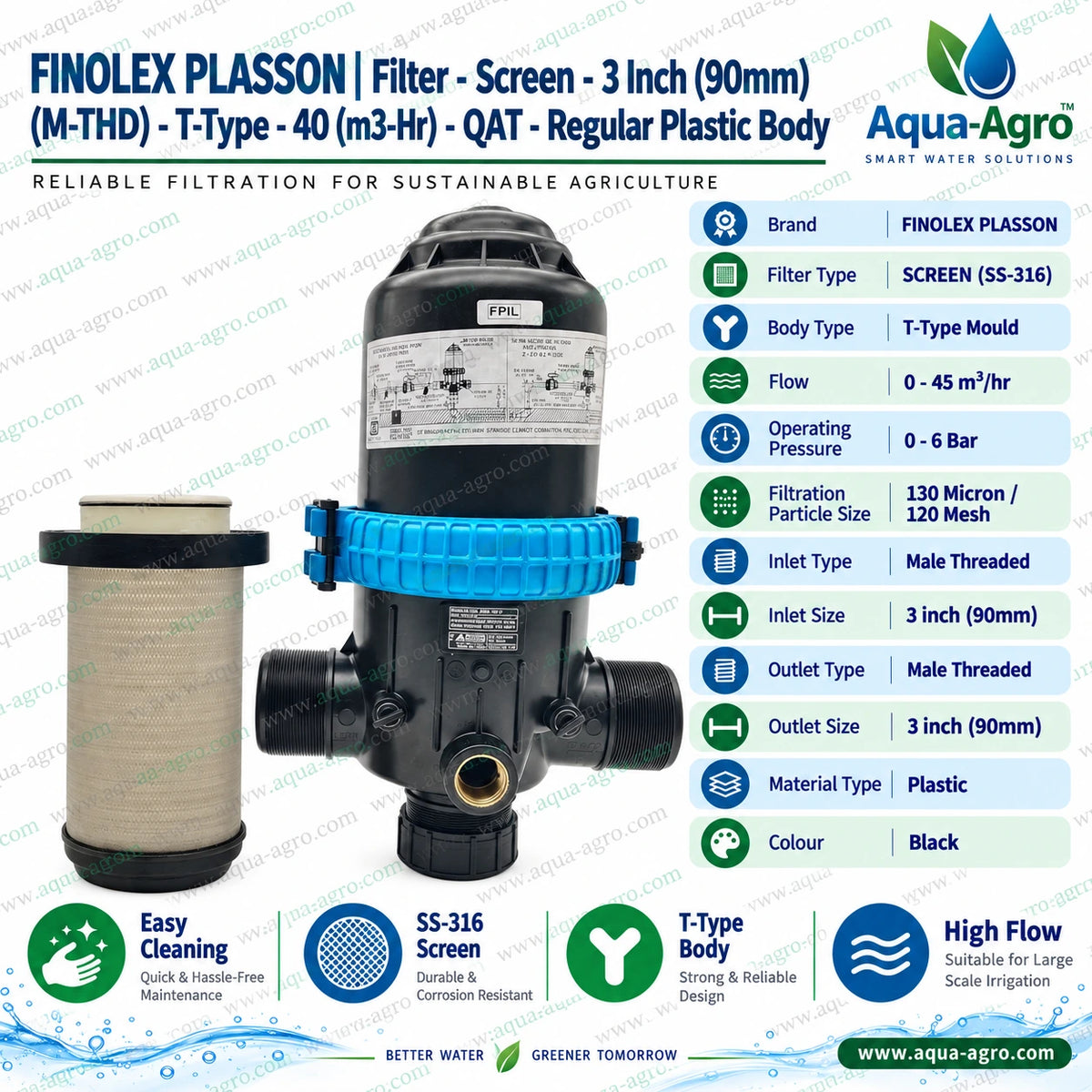 FINOLEX PLASSON QAT 3 inch 90mm male threaded T type irrigation screen filter with removable SS316 stainless steel filter element 120 mesh 130 micron filtration 0 to 45 m3 per hour flow capacity and 0 to 6 bar operating pressure for agricultural drip irrigation and sprinkler filtration systems