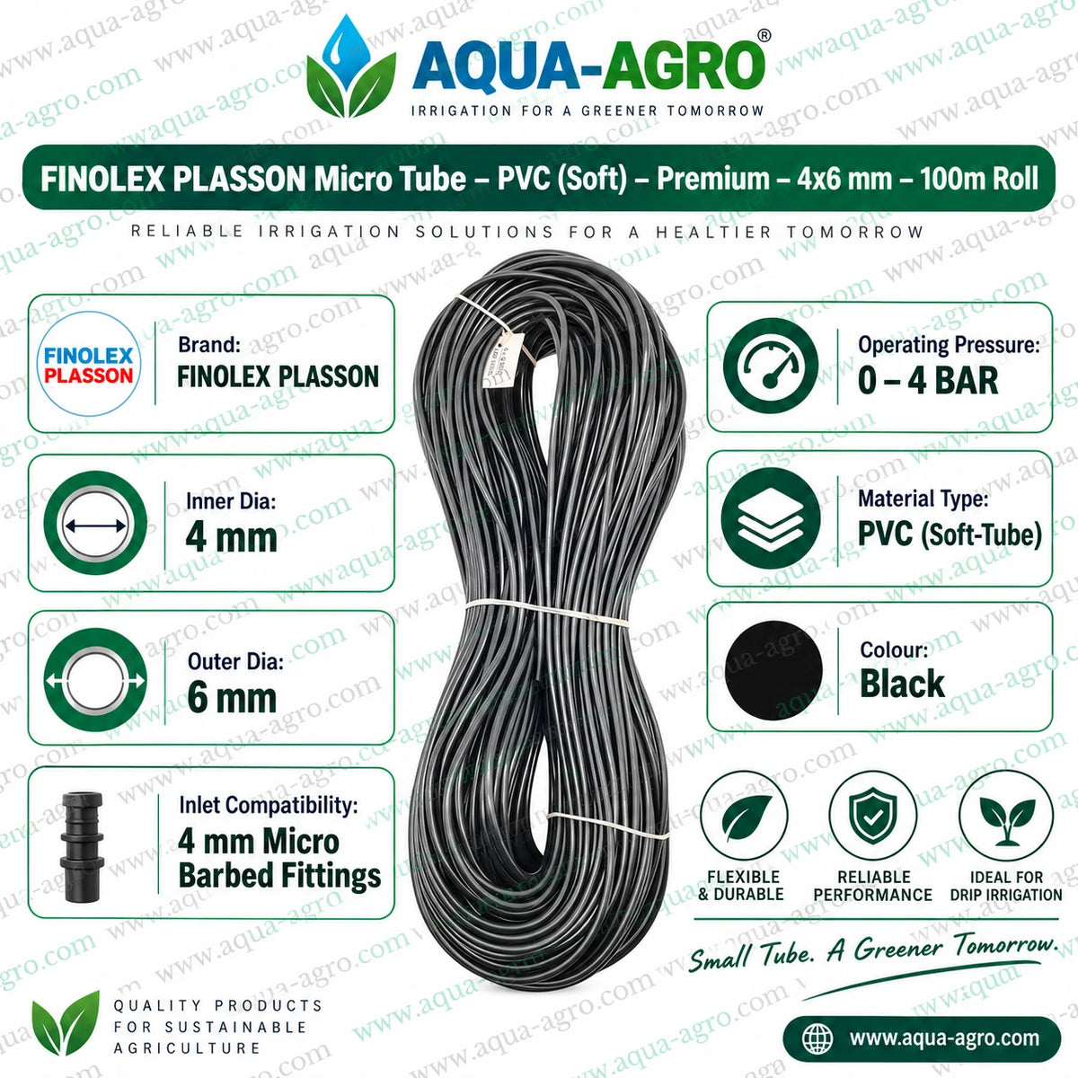 FINOLEX PLASSON premium black PVC spaghetti micro tube 100m roll with 4mm inner diameter 6mm outer diameter 0 to 4 bar operating pressure compatible with 4mm micro barbed fittings for drip irrigation systems