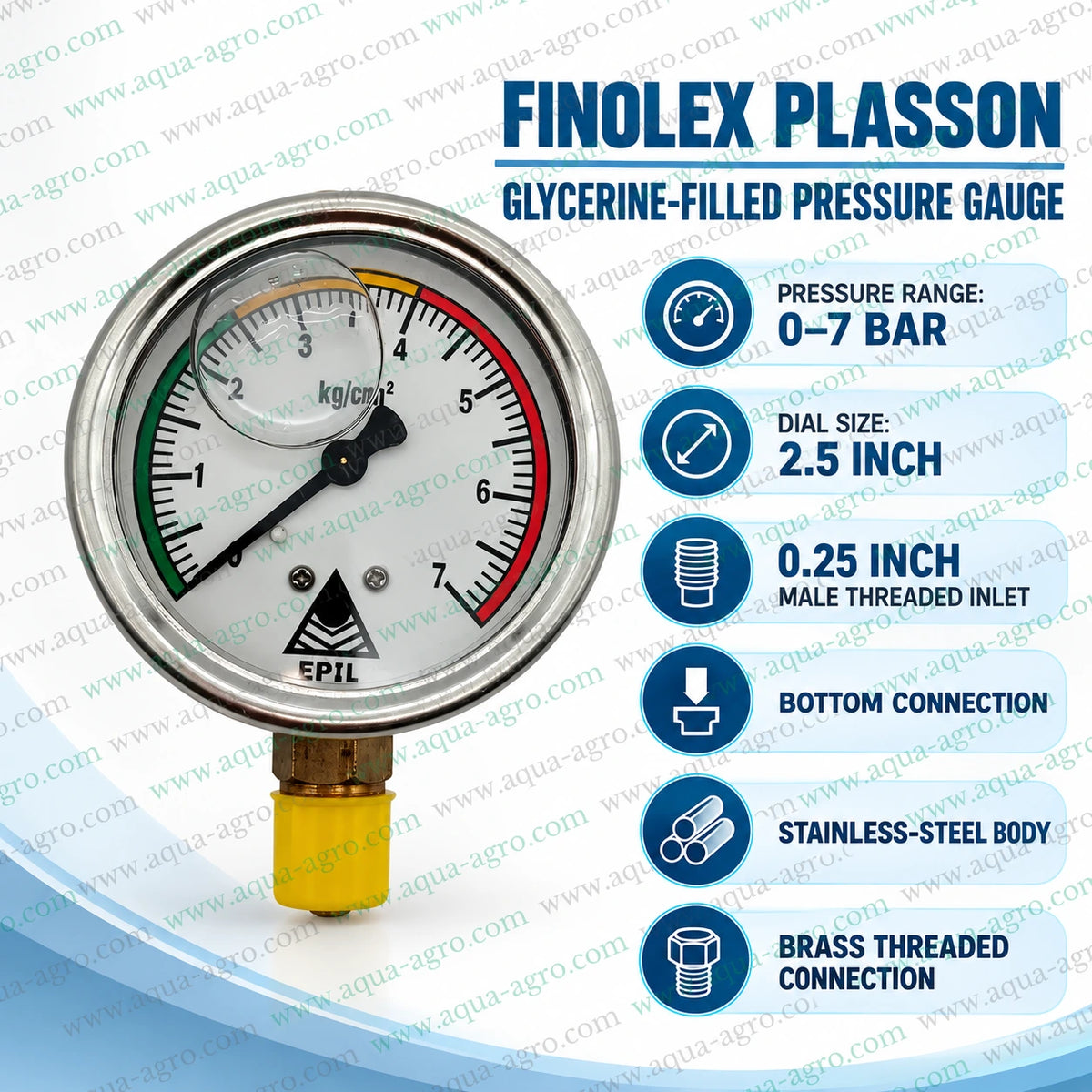 FINOLEX PLASSON stainless steel glycerine filled pressure gauge with 0 to 7 bar measuring range 2.5 inch analog dial and quarter inch brass male threaded bottom inlet for irrigation systems water pumps pipelines and agricultural pressure measurement