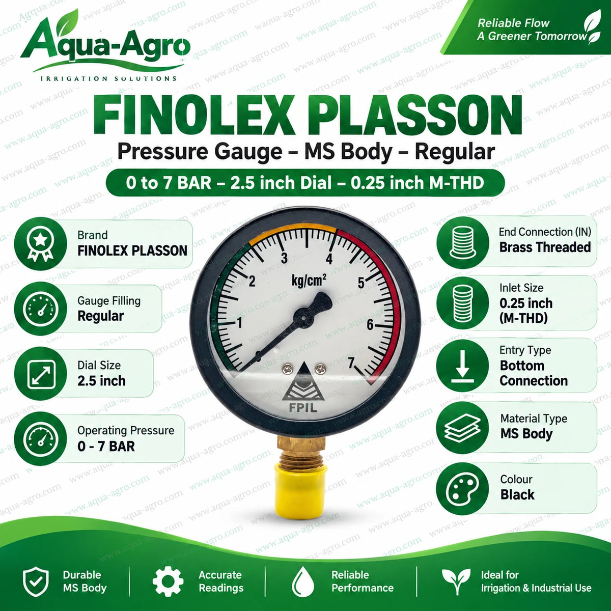 FINOLEX PLASSON Regular Water Pressure Gauge 0 to 7 Bar with 2.5 Inch Dial MS Body and 1/4 Inch Brass Male Threaded Bottom Connection for Irrigation Systems
