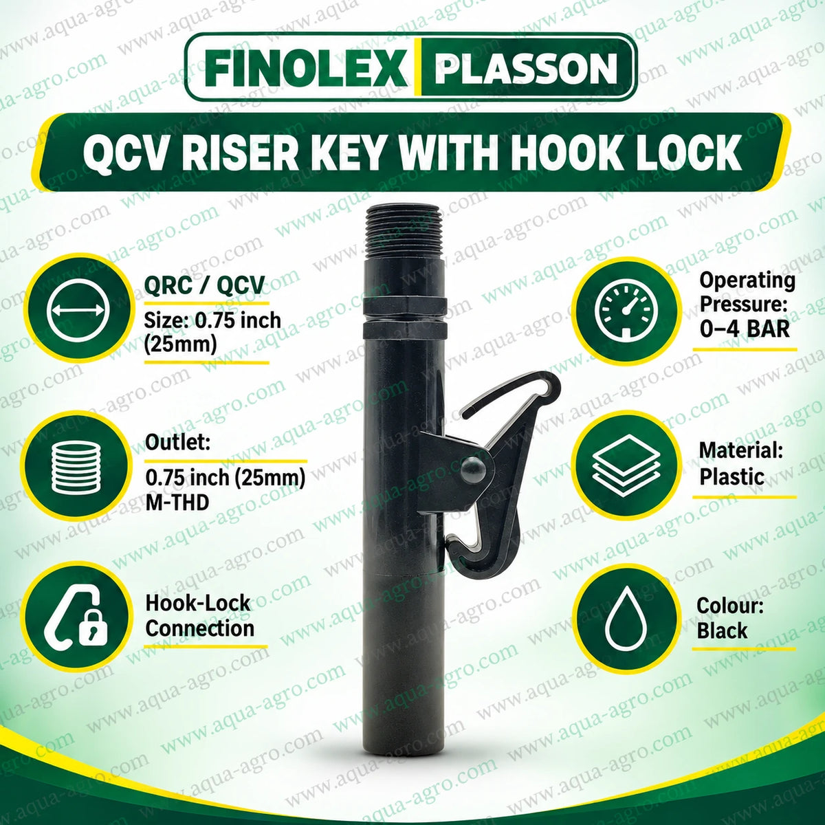 FINOLEX PLASSON QCV riser key with hook lock 0.75 inch 25mm male threaded outlet durable plastic quick coupling valve accessory for sprinkler irrigation systems