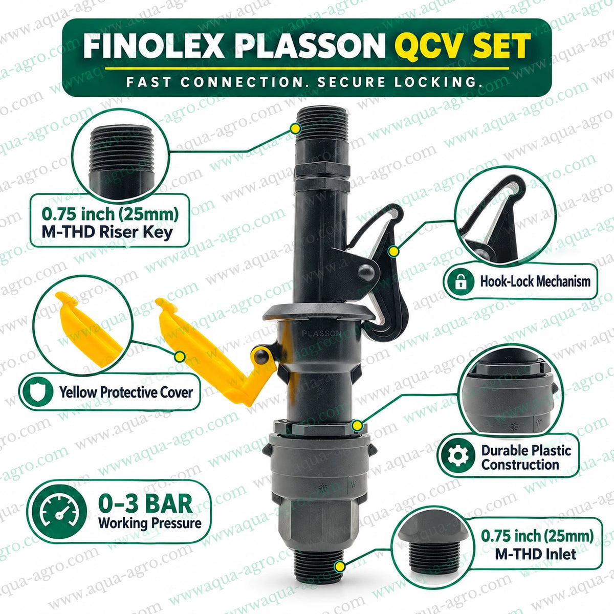 FINOLEX PLASSON QCV quick coupling valve set with 0.75 inch 25mm male threaded inlet top riser key hook lock and yellow protective cover for irrigation systems