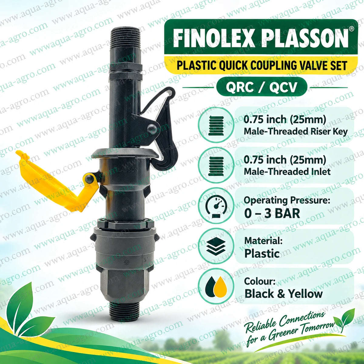 FINOLEX PLASSON plastic QRC QCV set with 0.75 inch 25mm male threaded bottom inlet and riser key secure locking mechanism for agricultural sprinkler irrigation