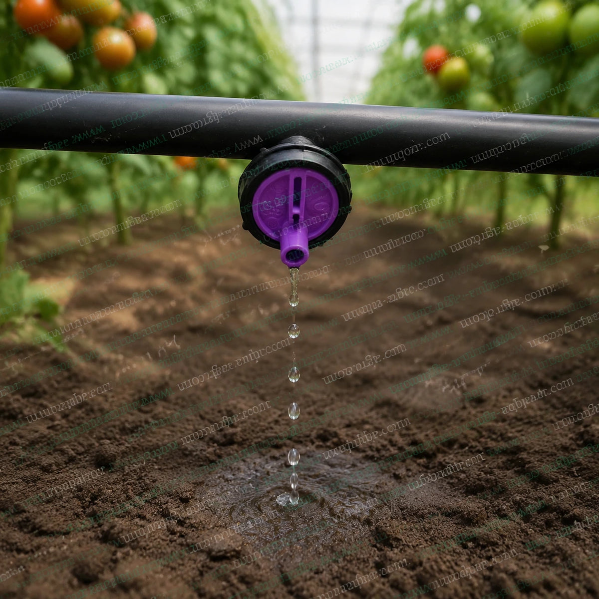 FINOLEX PLASSON Fino-Tif 14 LPH violet non-PC openable drip emitter installed on drip irrigation pipe watering tomato crop