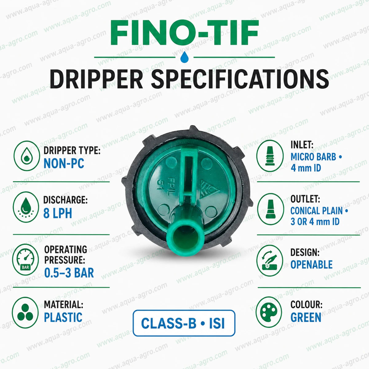 FINOLEX PLASSON Fino-Tif 8 LPH non-PC openable drip emitter with micro barb inlet, conical outlet and 0.5–3 bar operating pressure