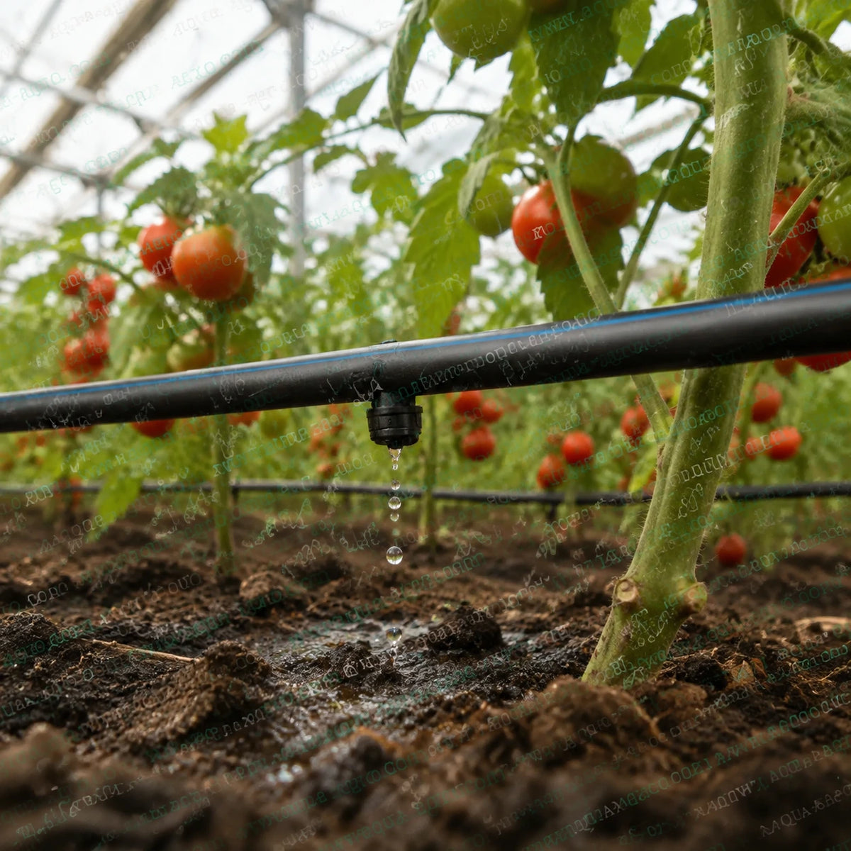 FINOLEX PLASSON Katif 2.3 LPH pressure compensated black drip emitter installed in tomato greenhouse drip irrigation system