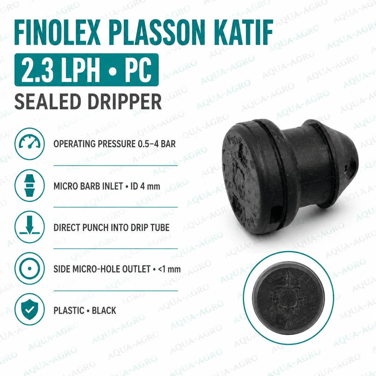 FINOLEX PLASSON Katif 2.3 LPH PC sealed dripper with micro barb inlet and side micro-hole outlet for drip irrigation