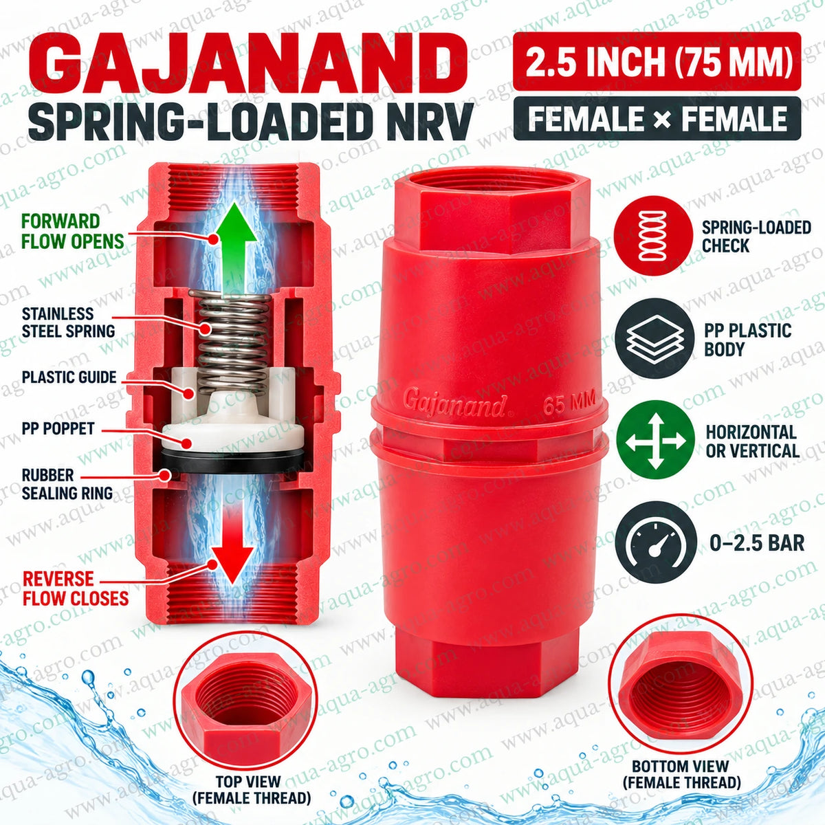 GAJANAND 2.5 inch 75mm plastic spring loaded check valve with female threaded inlet and outlet stainless steel spring PP poppet sealing ring and 0 to 2.5 bar pressure rating