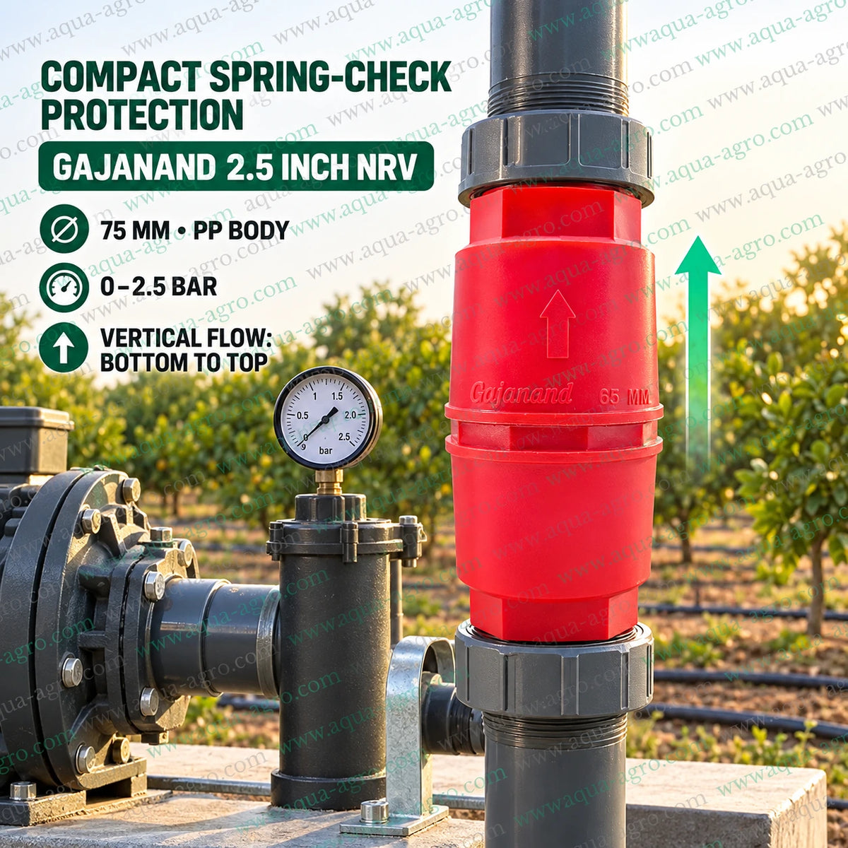 GAJANAND 2.5 inch 75mm PP plastic spring loaded non return valve installed vertically in agricultural irrigation pipeline for backflow prevention and bottom to top water flow