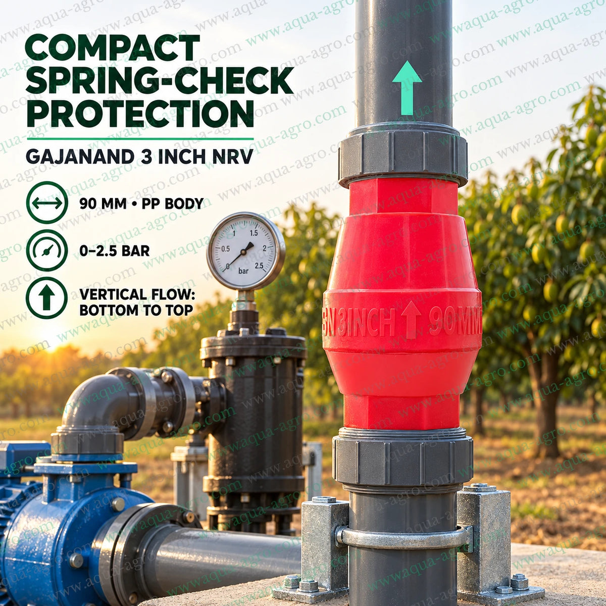 GAJANAND 3 inch 90mm PP plastic spring loaded non return valve installed vertically in agricultural irrigation pipeline for backflow prevention and bottom to top water flow