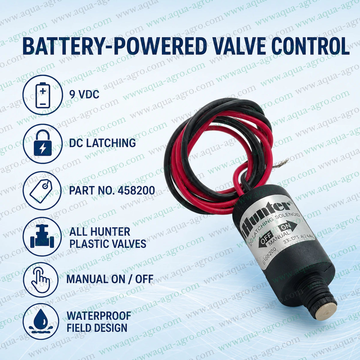 HUNTER 458200 DC latching solenoid coil 9 VDC battery powered irrigation valve accessory with manual on off control waterproof field design compatible with Hunter plastic valves