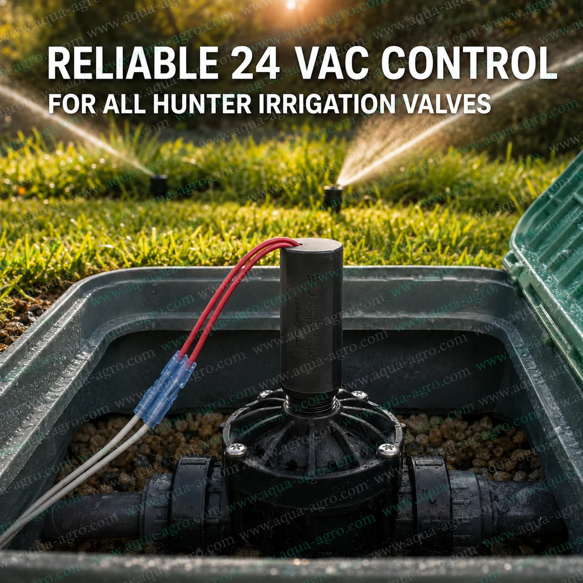 HUNTER 606800 24 VAC solenoid coil installed on Hunter irrigation control valve for automatic landscape sprinkler irrigation system