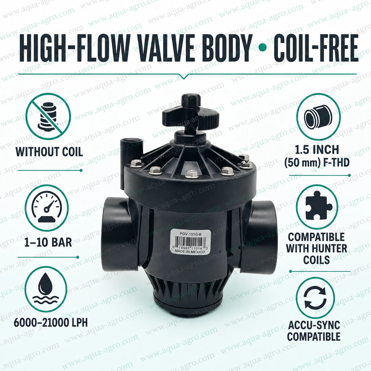 HUNTER PGV-151G-B-WOCOIL 1.5 inch 50mm female threaded high flow irrigation solenoid valve body without coil with flow control compatible with Hunter coils