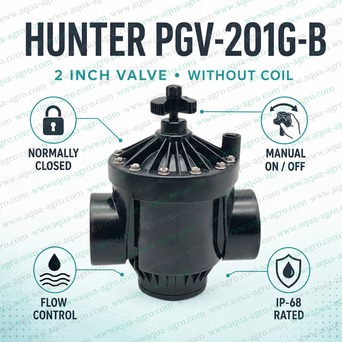 HUNTER PGV-201G-B-WOCOIL PGV Series 2 inch 63mm irrigation automation valve body without solenoid coil with manual on off flow control normally closed design for high flow irrigation systems