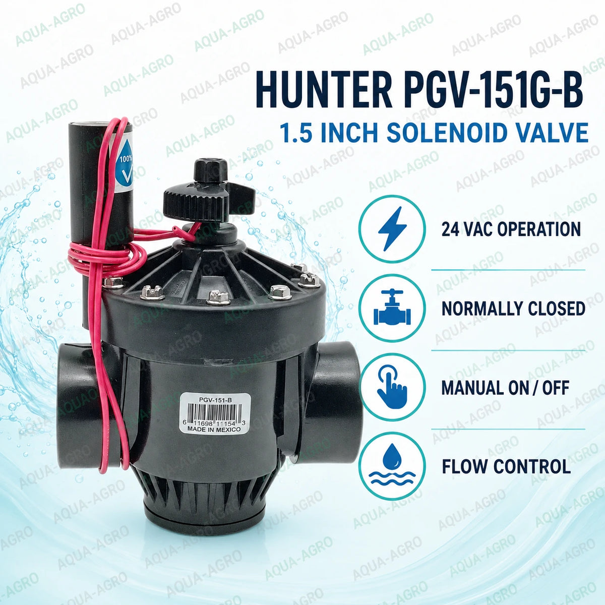 HUNTER PGV-151G-B 1.5 inch 24 VAC solenoid valve with flow control for automatic irrigation systems and landscape watering