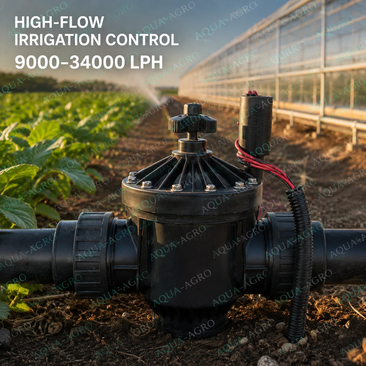 HUNTER PGV-201G-B 2 inch 63mm 24 VAC high flow solenoid valve installed for large scale agricultural greenhouse and irrigation automation
