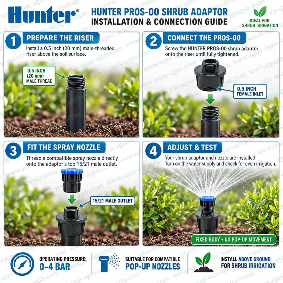 HUNTER PROS-00 fixed plastic shrub adaptor 0.5 inch female threaded inlet with 15/21 male outlet suitable for pop-up spray nozzles and landscape irrigation systems