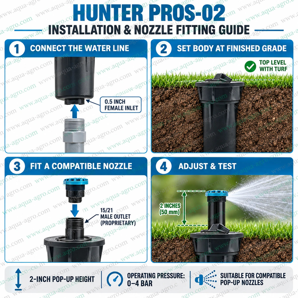 HUNTER PROS-02 Pro-Spray 2 inch pop-up sprinkler body with 0.5 inch female inlet for lawn garden landscape irrigation and compatible pop-up nozzles
