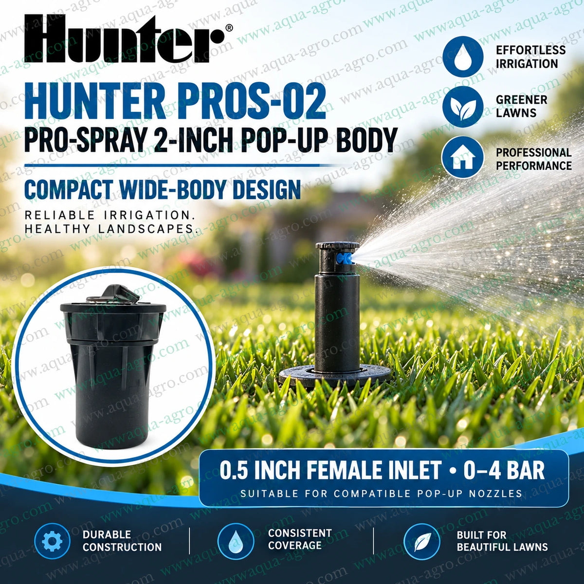 HUNTER PROS-02 2 inch pop-up sprinkler body installation and nozzle fitting guide with 0.5 inch female inlet for lawn garden irrigation systems