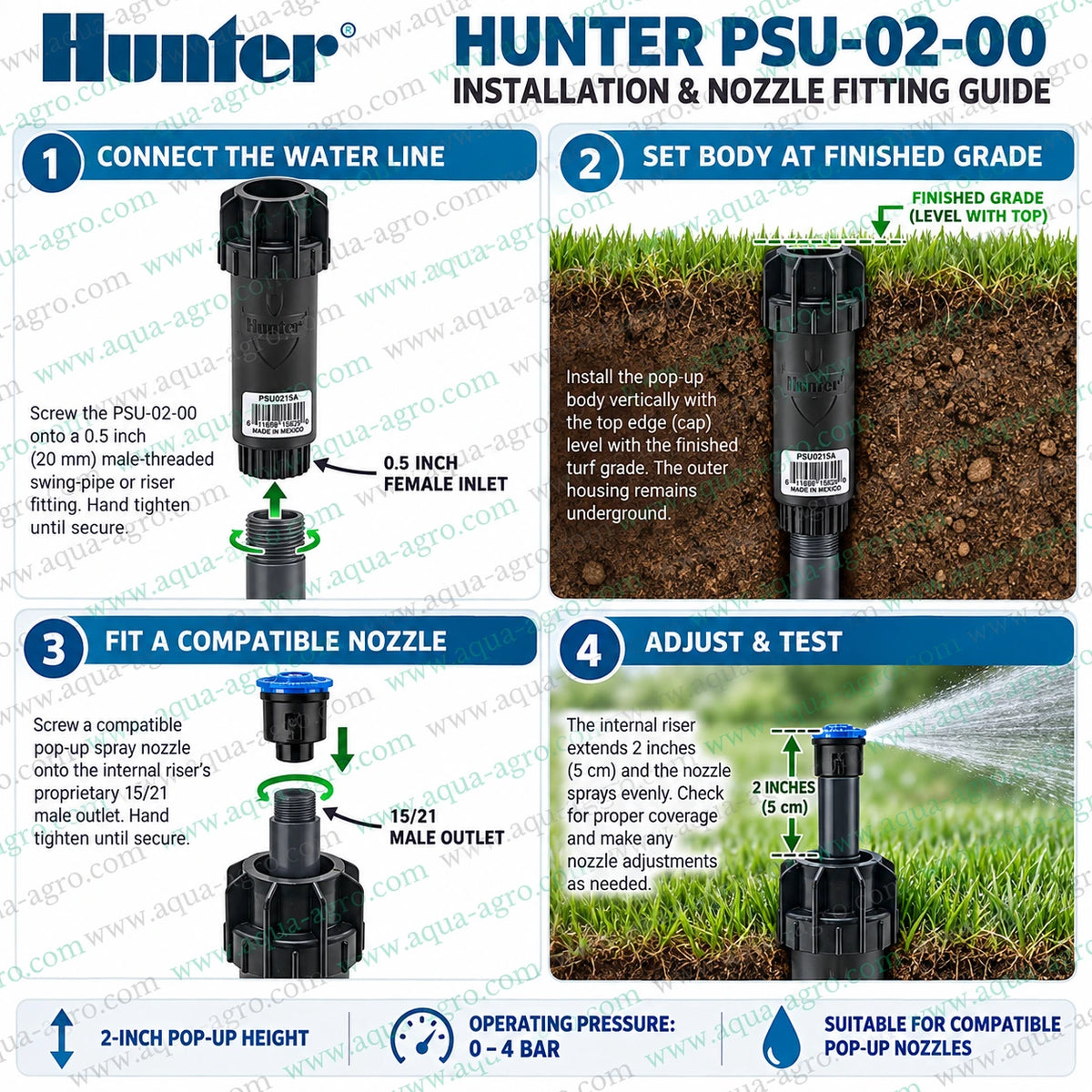 HUNTER PSU-02-00 PS Ultra 2 inch pop-up sprinkler riser body with 0.5 inch female threaded inlet suitable for pop-up spray nozzles and landscape irrigation systems