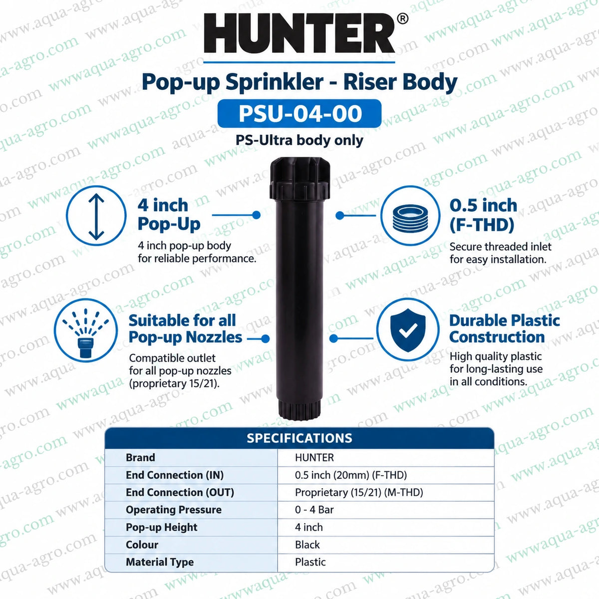 HUNTER PSU-04-00 PS Ultra 4 inch pop-up sprinkler riser body with 0.5 inch female threaded inlet durable plastic body suitable for all pop-up nozzles
