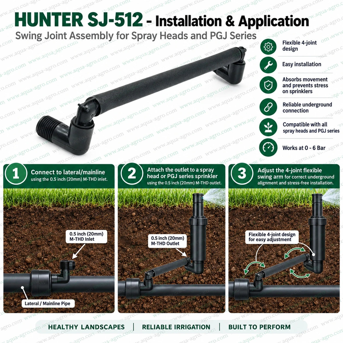 HUNTER SJ-512 12 inch sprinkler swing joint assembly with 0.5 inch 20mm male threaded connections flexible 4 joint design for connecting irrigation lateral or mainline pipe to spray heads and PGJ series pop up sprinklers providing easy underground alignment and stress free sprinkler installation