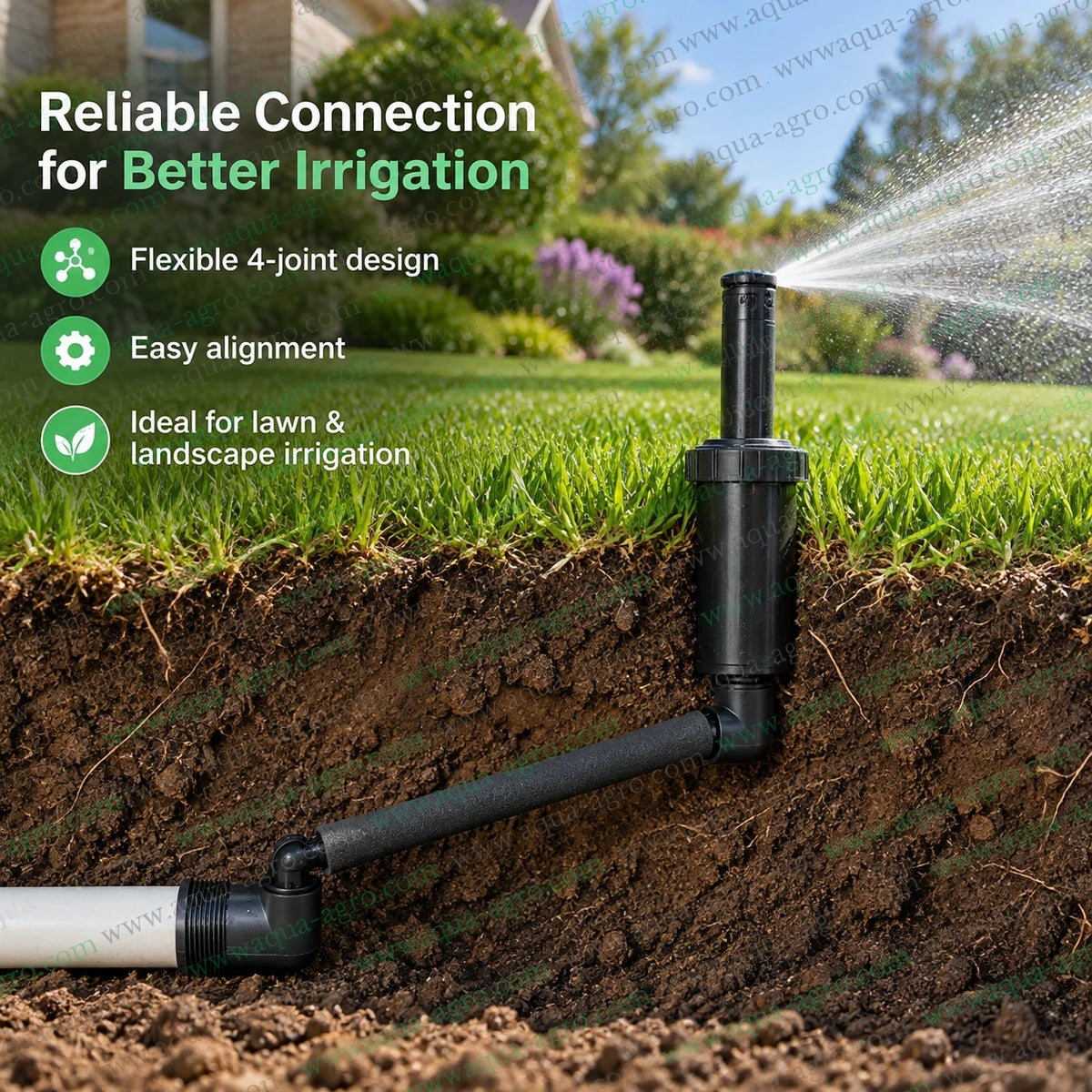 HUNTER SJ-512 flexible swing joint installed underground between irrigation pipeline and pop up sprinkler with 12 inch flexible arm and 0.5 inch male threaded connections designed for easy sprinkler positioning movement absorption and reliable lawn garden and landscape irrigation installation