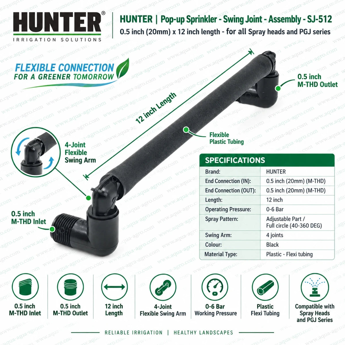 HUNTER SJ-512 swing joint assembly for pop up sprinkler systems with 0.5 inch 20mm male threaded inlet and outlet 12 inch flexible tubing 4 joint swing arm design 0 to 6 bar working pressure durable black plastic construction compatible with Hunter spray heads and PGJ series sprinklers for lawn and landscape irrigation