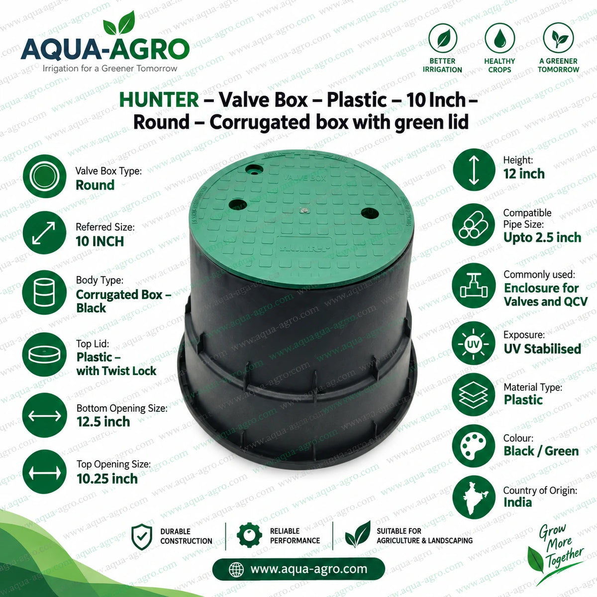 HUNTER 10 inch round plastic irrigation valve box with green twist lock lid black corrugated body UV stabilized construction 12 inch height 10.25 inch top opening and 12.5 inch bottom opening for underground irrigation valve protection