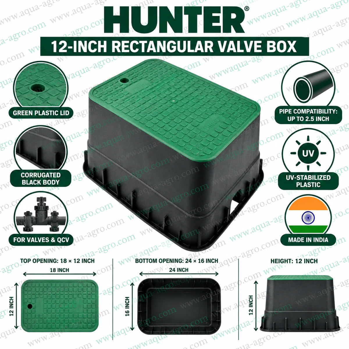 HUNTER 12 inch rectangular plastic irrigation valve box with green lid black corrugated body UV stabilized construction 18 x 12 inch top opening 24 x 16 inch bottom opening and 12 inch height for underground irrigation valves and quick coupling valves