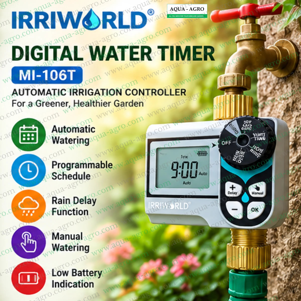 IRRIWORLD MI-106T programmable digital water timer installed on garden tap with automatic watering schedule rain delay manual watering and low battery indicator for garden irrigation