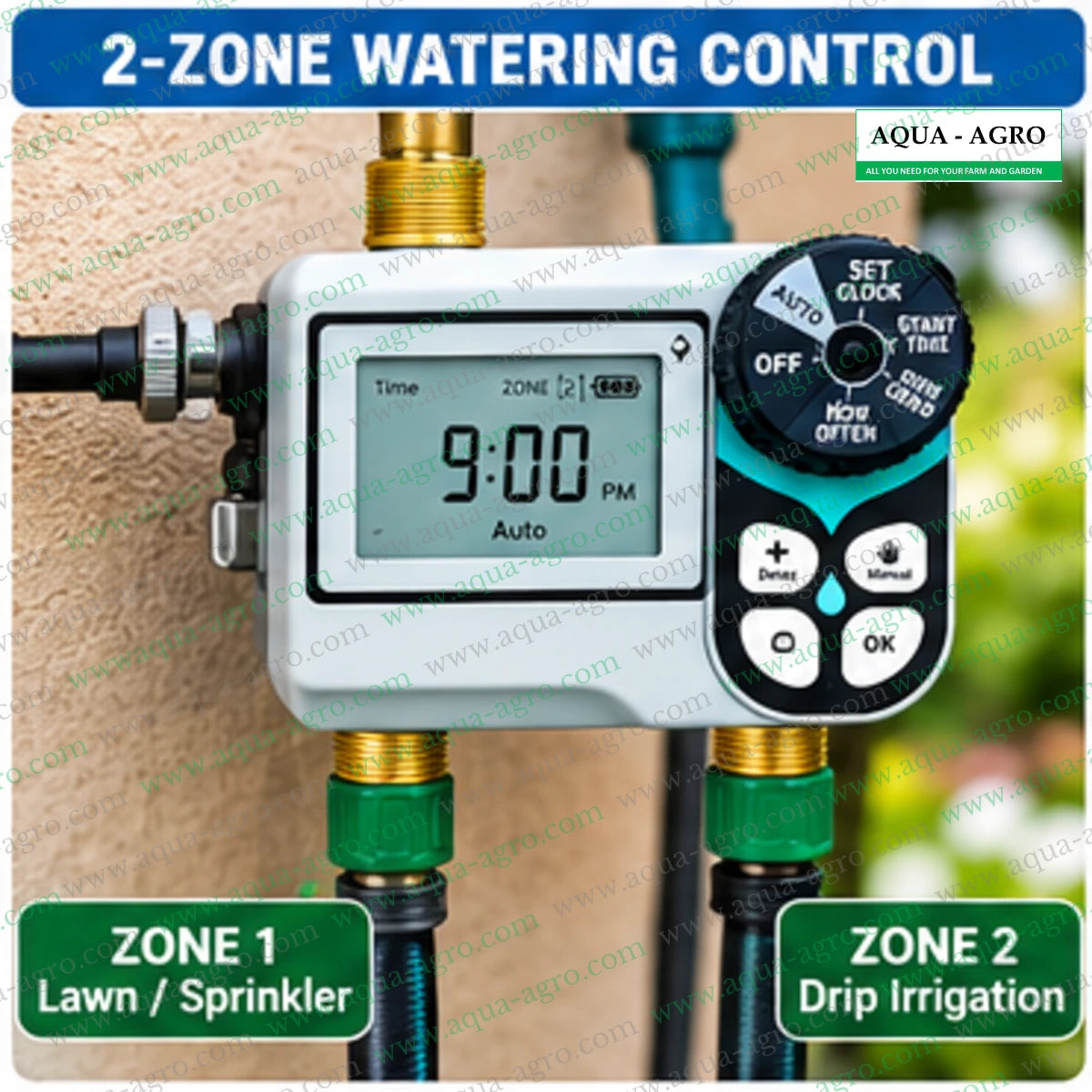 IRRIWORLD MI-206T 2 zone automatic irrigation water timer installed on outdoor garden tap with independent watering outlets for lawn sprinklers and drip irrigation systems
