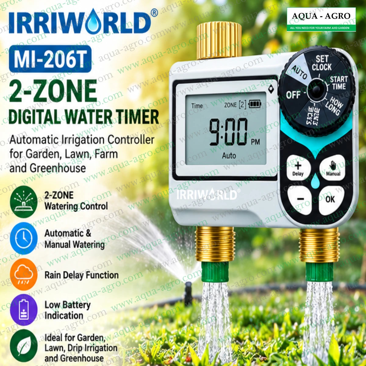 IRRIWORLD MI-206T automatic 2 zone digital water timer for garden lawn and greenhouse irrigation with programmable watering schedule manual control rain delay and low battery indicator