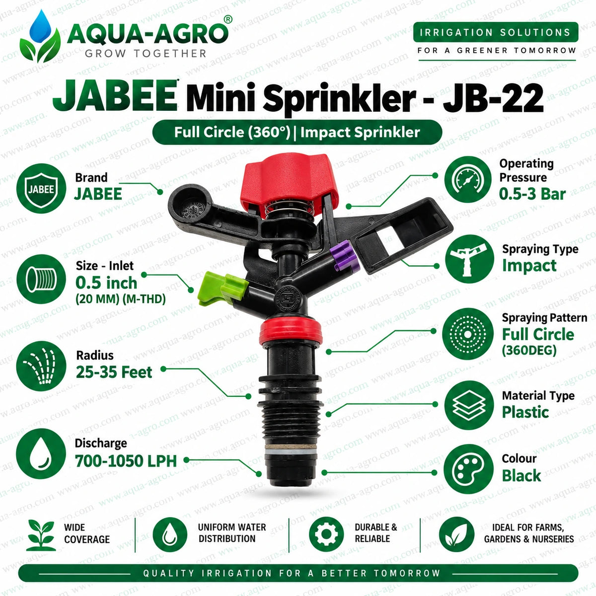 JABEE JB-22 full circle 360 degree impact mini sprinkler 25 to 35 feet radius 700 to 1050 LPH discharge 0.5 to 3 bar operating pressure 0.5 inch 20mm male threaded plastic sprinkler for farm garden nursery and agricultural irrigation