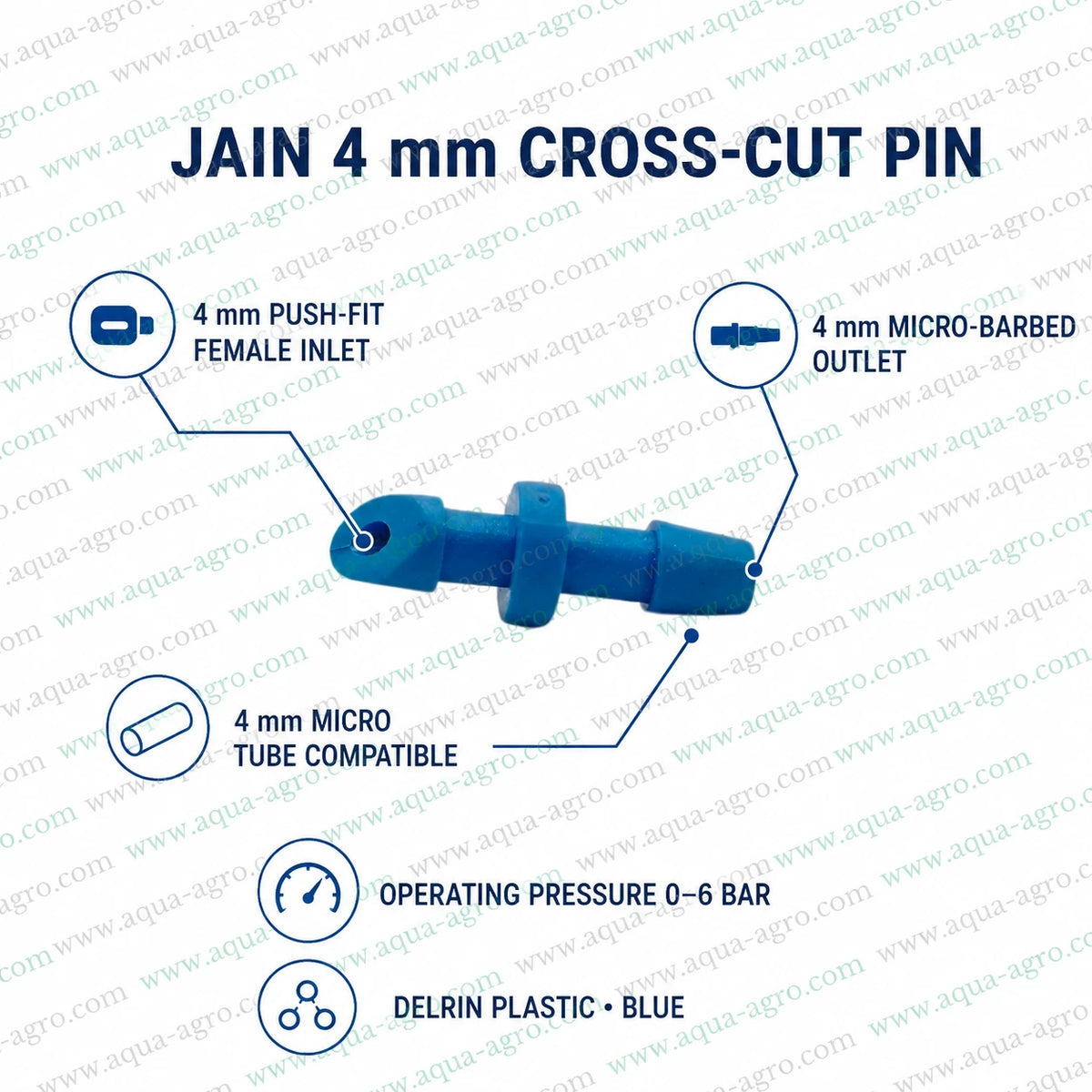 JAIN 4mm barbed cross cut pin blue micro drip connector with push fit female inlet micro barbed outlet and 0-6 bar operating pressure