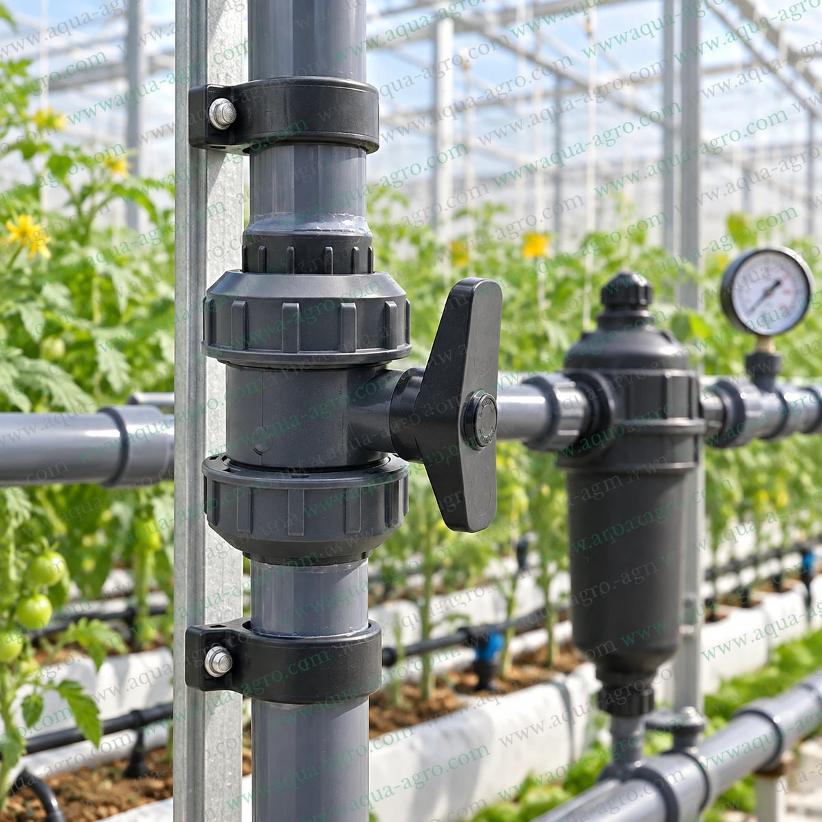 1. JAIN 0.5 inch (20mm) double union PVC ball valve installed vertically on a supported greenhouse irrigation pipeline, suitable for drip irrigation, agriculture, fertigation, filtration systems, water distribution and precise flow isolation applications.