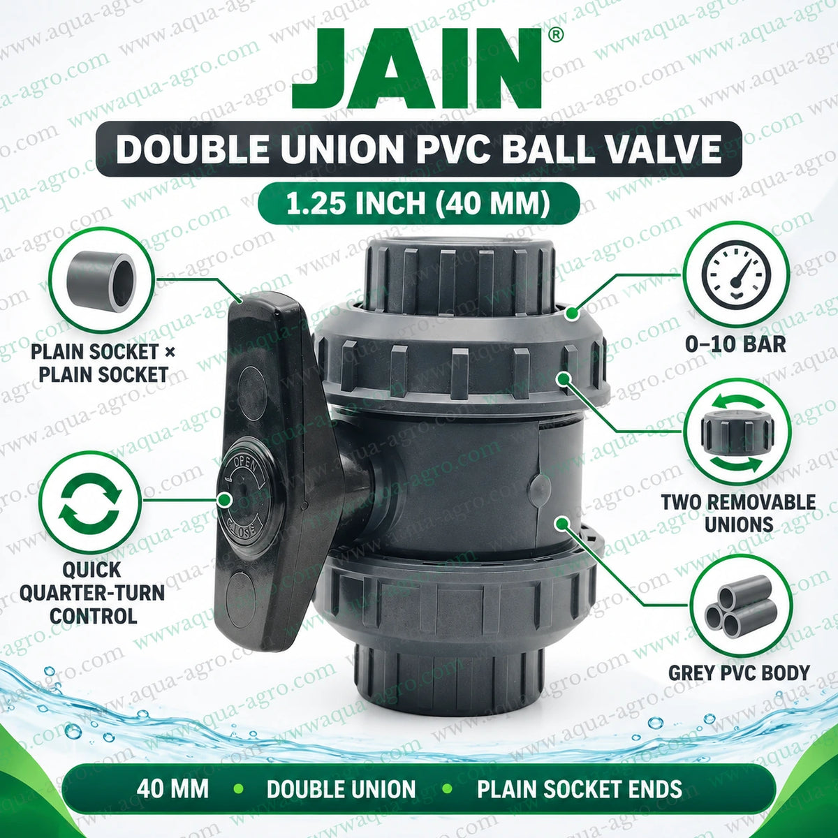 JAIN 1.25 inch (40mm) double union PVC ball valve with plain socket × plain socket ends, grey PVC construction, two removable union nuts, quick quarter-turn flow control and 0–10 bar pressure rating for irrigation and water supply pipelines.