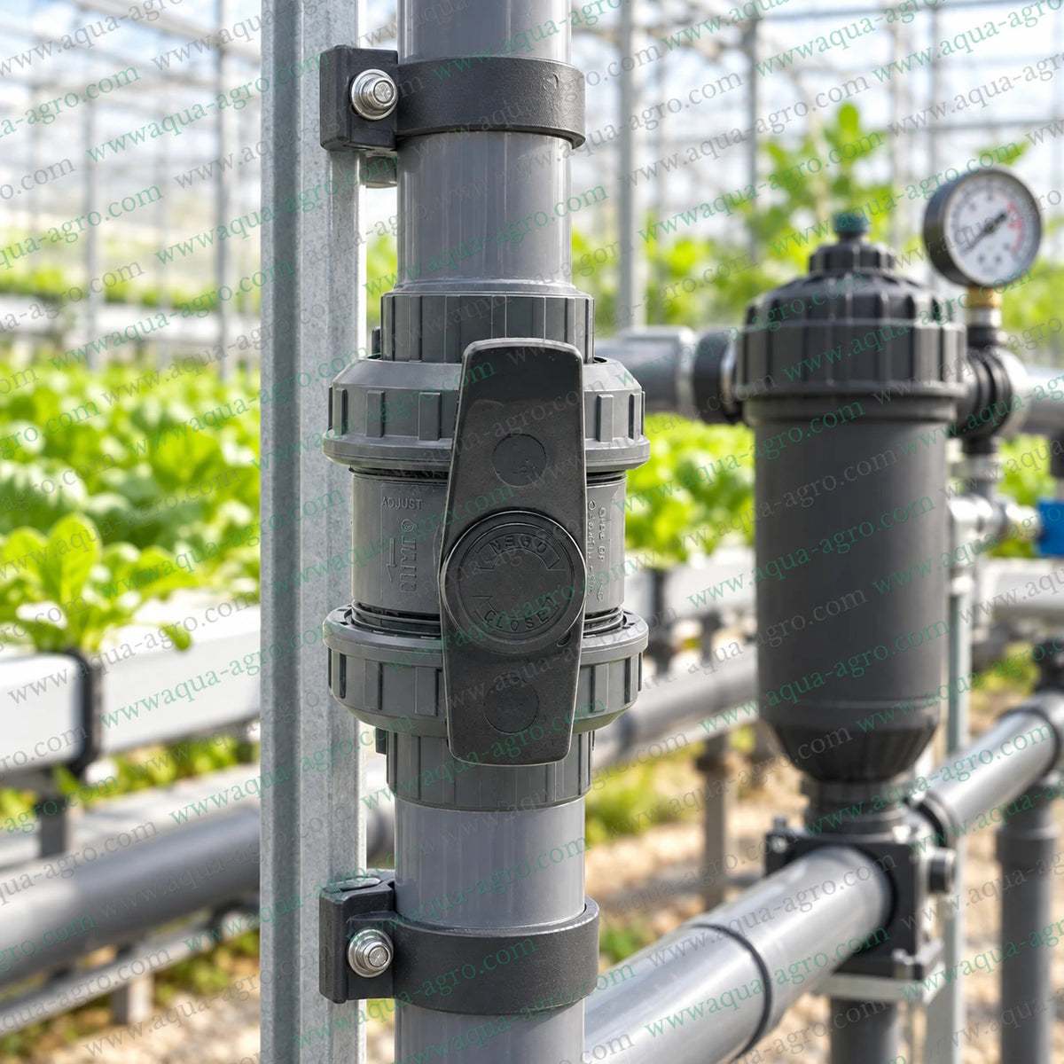 JAIN 1.5 inch (50mm) double union PVC ball valve installed on a greenhouse irrigation pipeline with filtration system, suitable for drip irrigation, agriculture, horticulture, fertigation, greenhouse irrigation and water distribution applications.