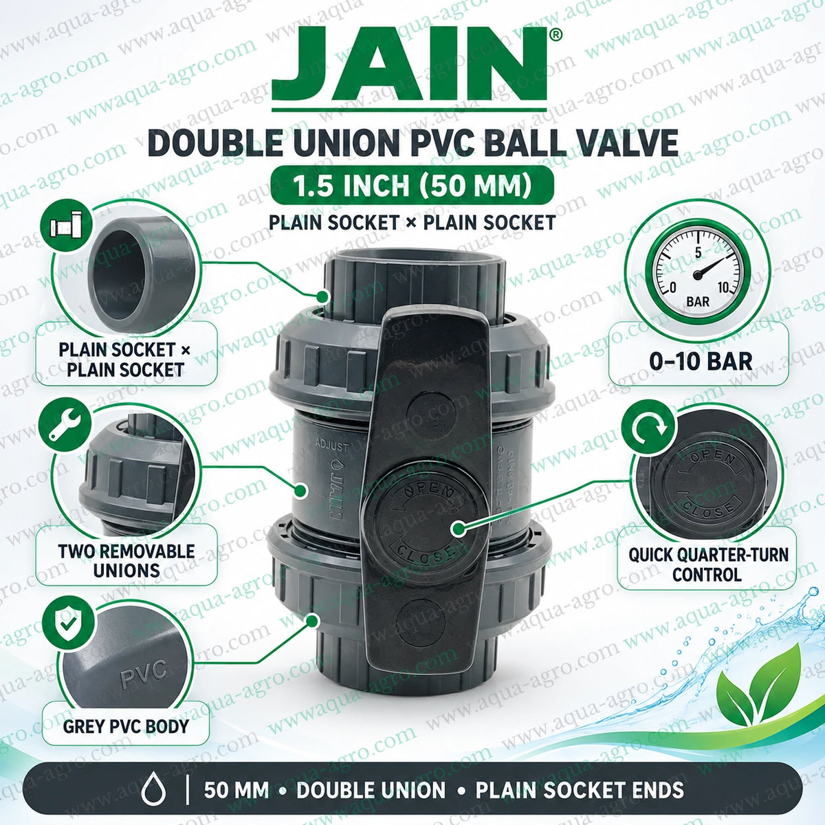 JAIN 1.5 inch (50mm) double union PVC ball valve with plain socket × plain socket connections, durable grey PVC body, two removable union nuts, quick quarter-turn shut-off control and 0–10 bar operating pressure for irrigation and water pipelines.
