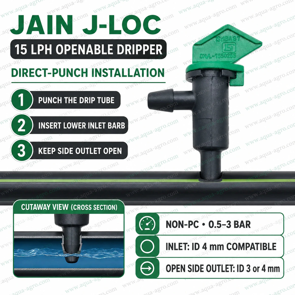 JAIN J-LOC 15 LPH non-PC green openable drip emitter direct punch installation with barb outlet for drip irrigation