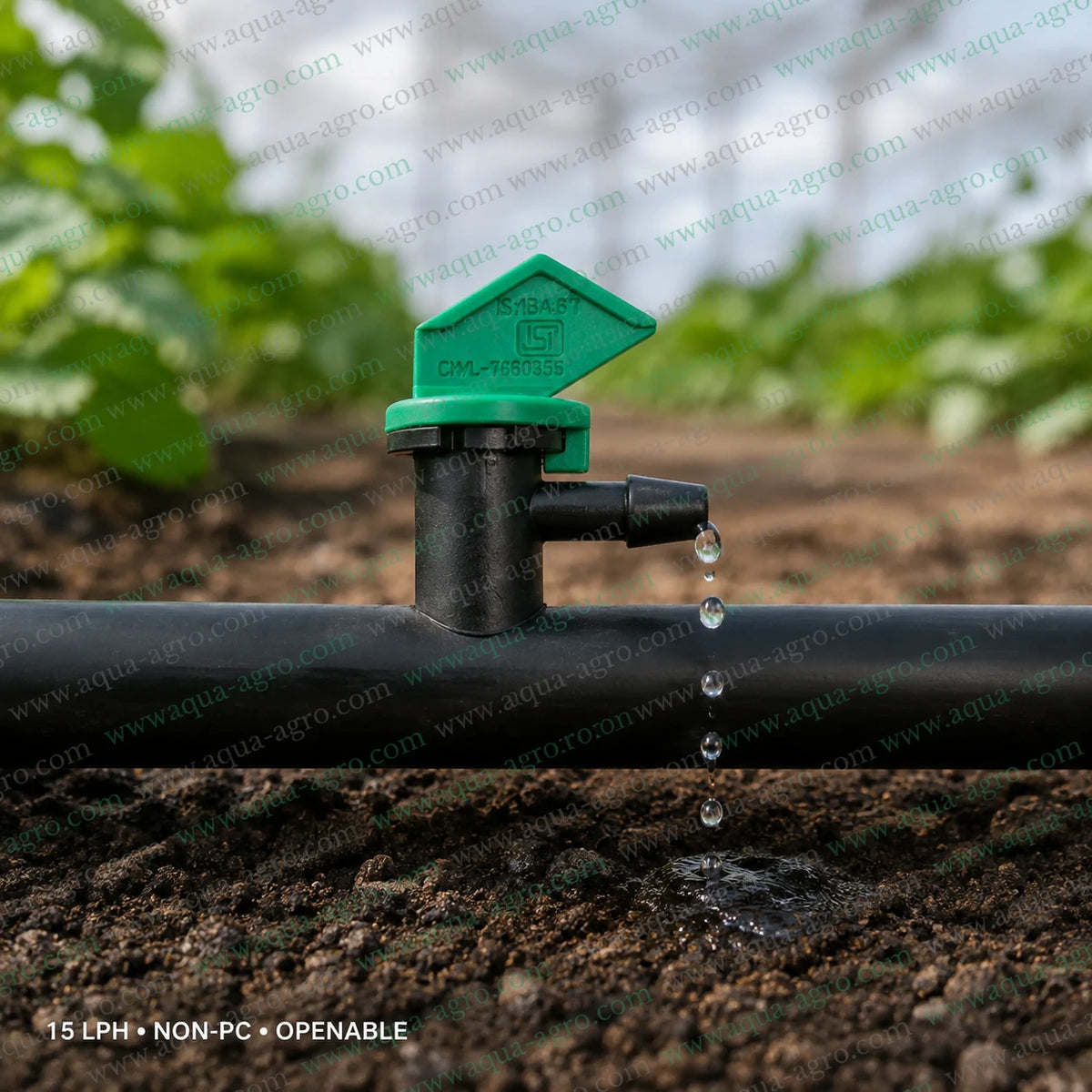 JAIN J-LOC 15 LPH non-PC openable dripper installed on drip irrigation tube delivering water directly to soil