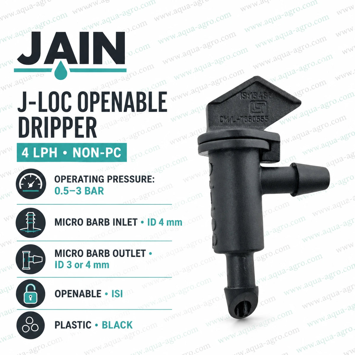 JAIN J-LOC 4 LPH non-PC ISI openable drip emitter with micro barb inlet and barb outlet for precision drip irrigation