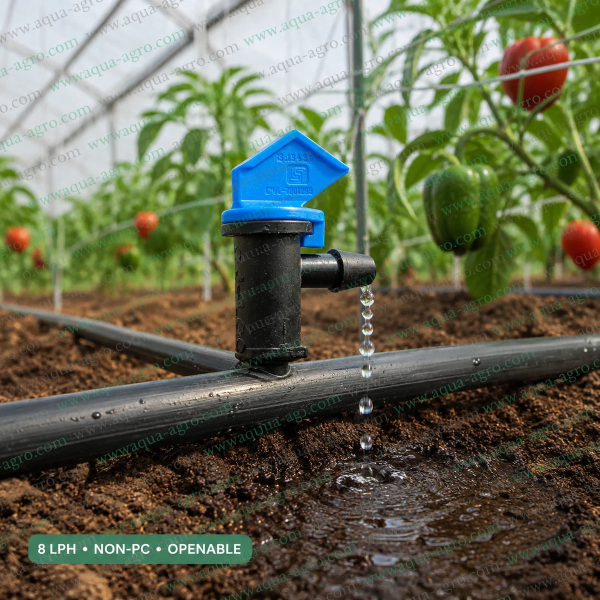 JAIN J-LOC 8 LPH non-PC blue openable drip emitter with barb outlet installed on drip irrigation tube in greenhouse