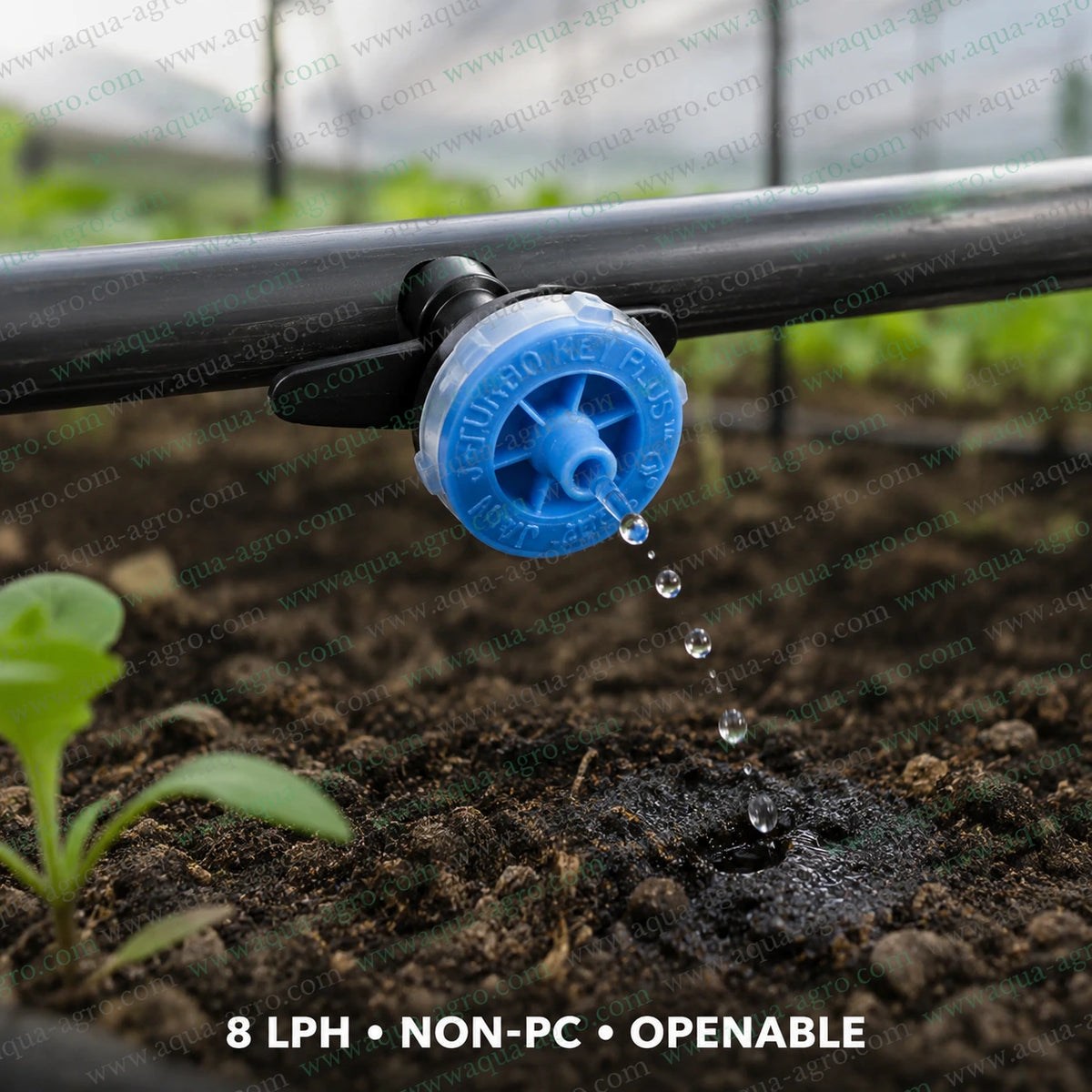 JAIN Turbo Key Plus 8 LPH non-PC openable blue dripper installed on drip irrigation pipe watering soil near plants