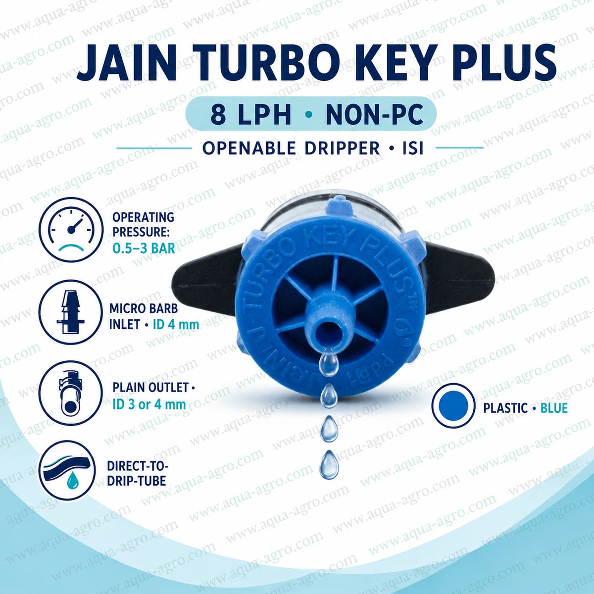 JAIN Turbo Key Plus 8 LPH non-PC blue openable drip emitter with plain outlet for drip irrigation systems